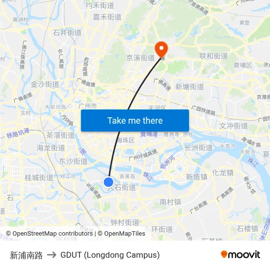 Xinpu South Road to GDUT (Longdong Campus) map