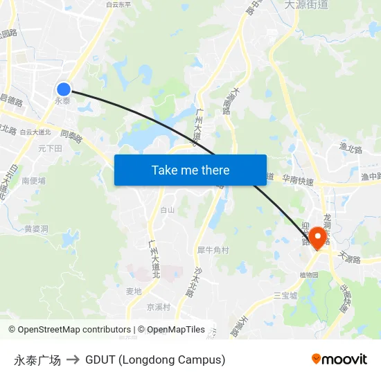 Yongtai Plaza to GDUT (Longdong Campus) map