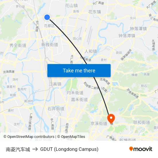 南菱汽车城 to GDUT (Longdong Campus) map
