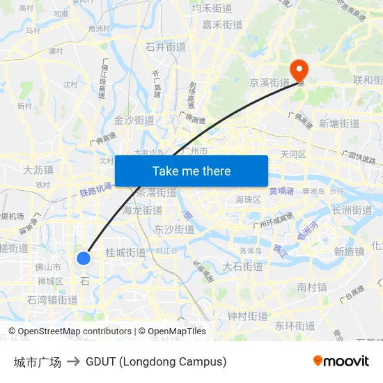 City Square to GDUT (Longdong Campus) map