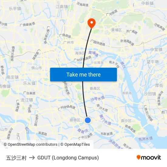 Wusha Third Village to GDUT (Longdong Campus) map