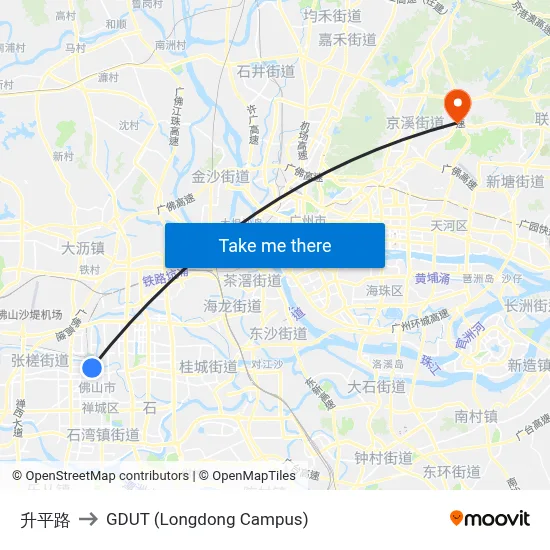 Shengping Road to GDUT (Longdong Campus) map