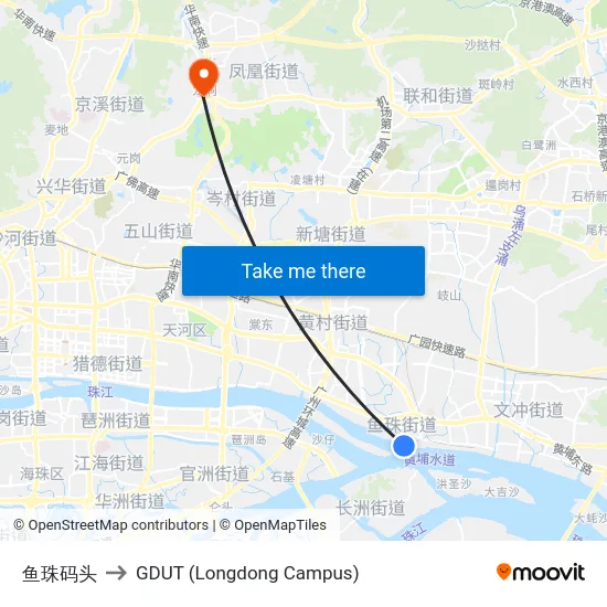鱼珠码头 to GDUT (Longdong Campus) map