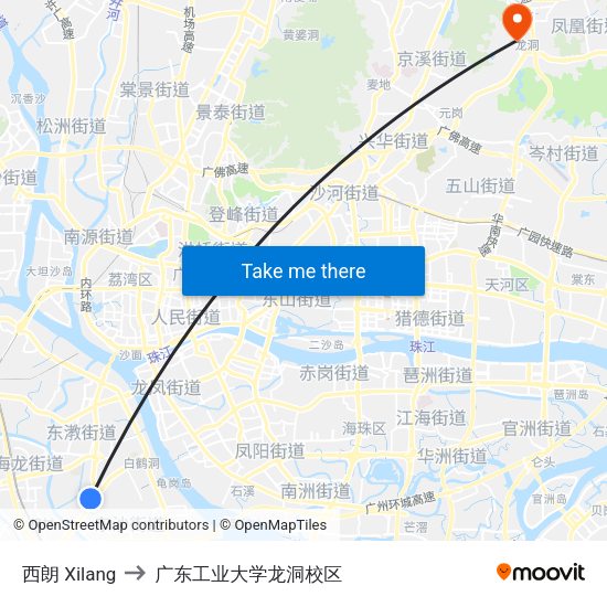 西朗 Xilang to 广东工业大学龙洞校区 map