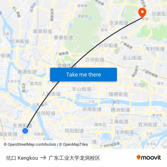 坑口 Kengkou to 广东工业大学龙洞校区 map