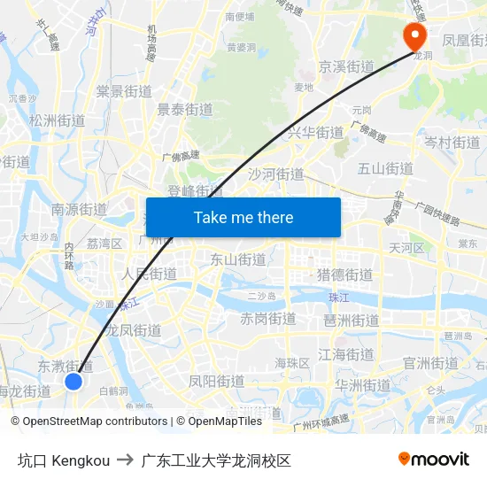 坑口 Kengkou to 广东工业大学龙洞校区 map