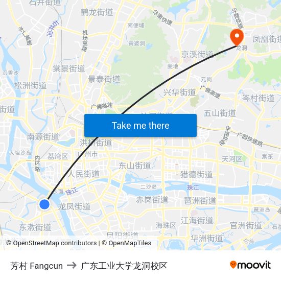 芳村 Fangcun to 广东工业大学龙洞校区 map