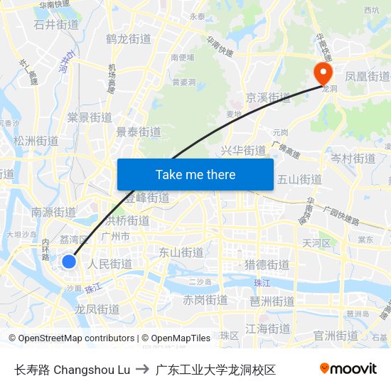 长寿路 Changshou Lu to 广东工业大学龙洞校区 map