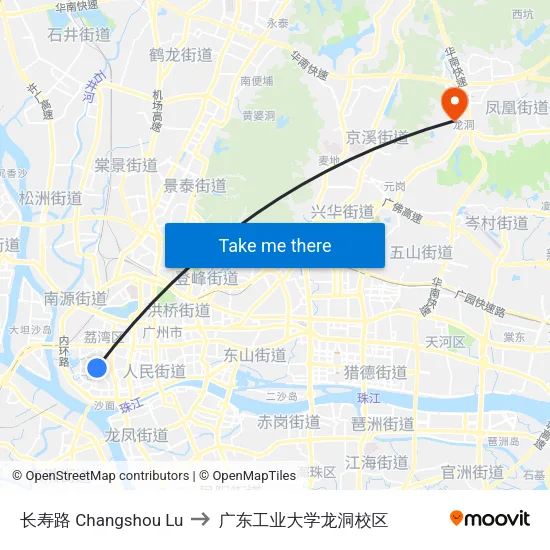 长寿路 Changshou Lu to 广东工业大学龙洞校区 map