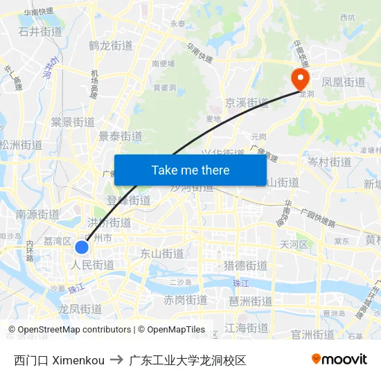 西门口 Ximenkou to 广东工业大学龙洞校区 map