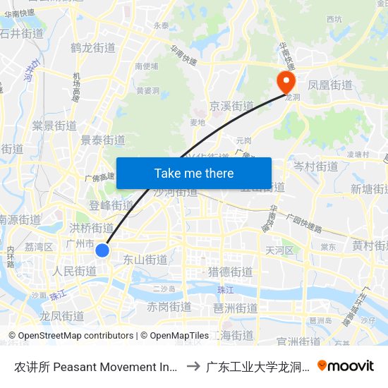 农讲所 Peasant Movement Institute to 广东工业大学龙洞校区 map