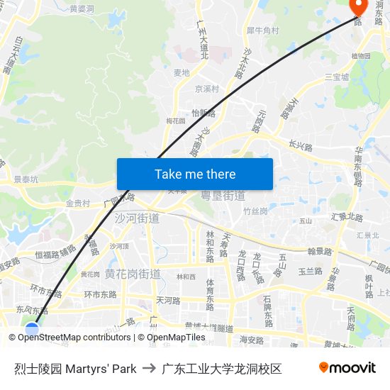 烈士陵园 Martyrs' Park to 广东工业大学龙洞校区 map