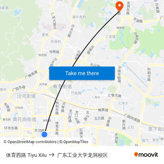 体育西路 Tiyu Xilu to 广东工业大学龙洞校区 map