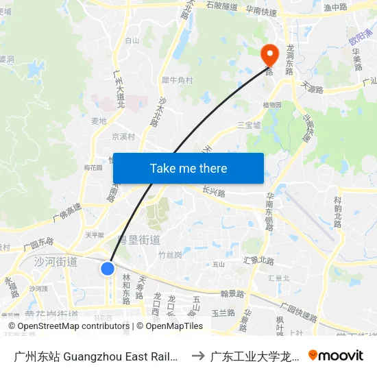 广州东站 Guangzhou East Railway Station to 广东工业大学龙洞校区 map