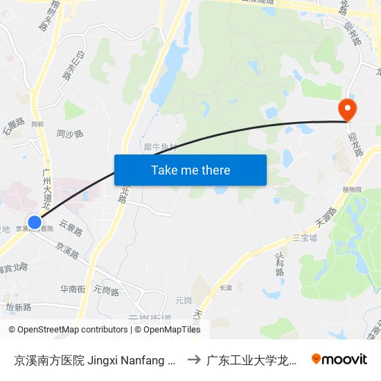 京溪南方医院 Jingxi Nanfang Hospital to 广东工业大学龙洞校区 map