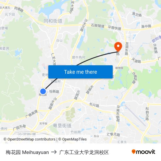 梅花园 Meihuayuan to 广东工业大学龙洞校区 map