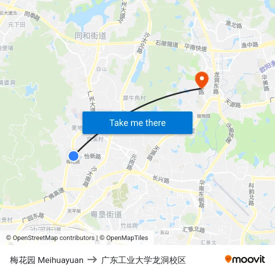梅花园 Meihuayuan to 广东工业大学龙洞校区 map