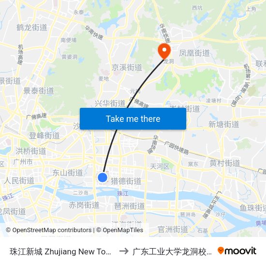 珠江新城 Zhujiang New Town to 广东工业大学龙洞校区 map