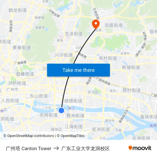 广州塔 Canton Tower to 广东工业大学龙洞校区 map