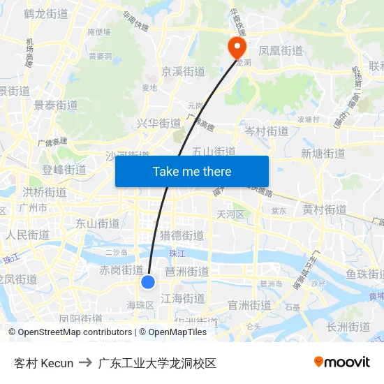 客村 Kecun to 广东工业大学龙洞校区 map