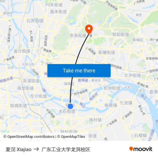 夏滘 Xiajiao to 广东工业大学龙洞校区 map