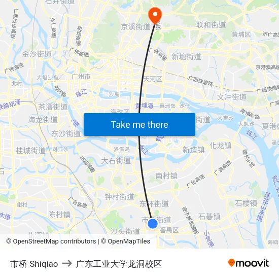 市桥 Shiqiao to 广东工业大学龙洞校区 map