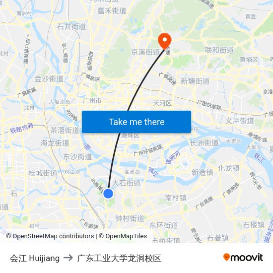 会江 Huijiang to 广东工业大学龙洞校区 map