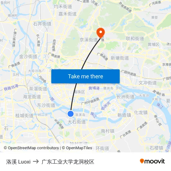 洛溪 Luoxi to 广东工业大学龙洞校区 map