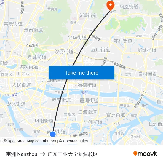 南洲 Nanzhou to 广东工业大学龙洞校区 map
