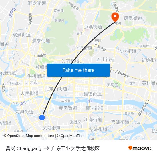 昌岗 Changgang to 广东工业大学龙洞校区 map