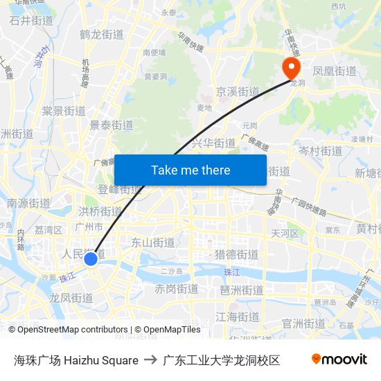 海珠广场 Haizhu Square to 广东工业大学龙洞校区 map