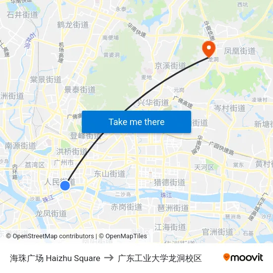 海珠广场 Haizhu Square to 广东工业大学龙洞校区 map