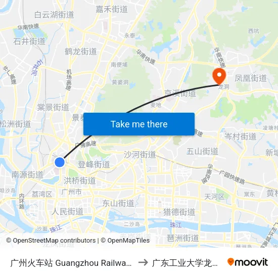 广州火车站 Guangzhou Railway Station to 广东工业大学龙洞校区 map