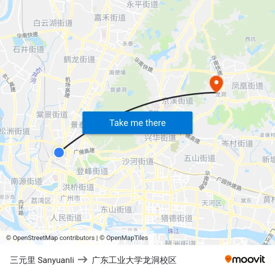 三元里 Sanyuanli to 广东工业大学龙洞校区 map