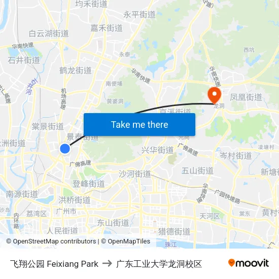 飞翔公园 Feixiang Park to 广东工业大学龙洞校区 map