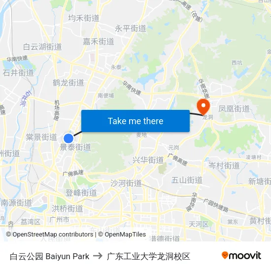 白云公园 Baiyun Park to 广东工业大学龙洞校区 map