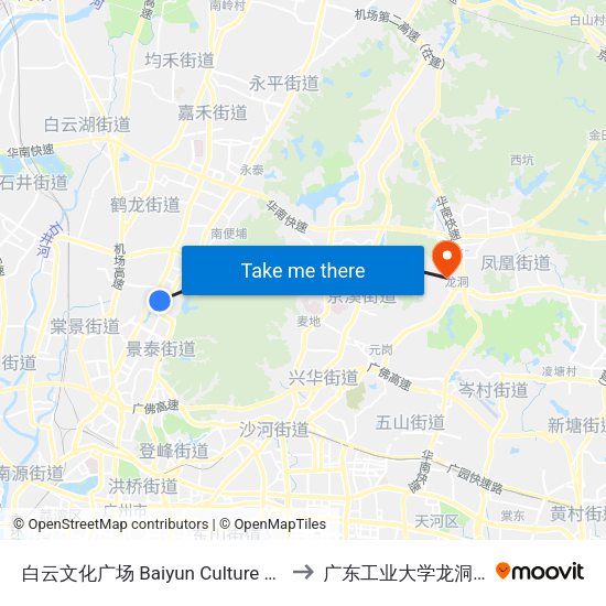 白云文化广场 Baiyun Culture Square to 广东工业大学龙洞校区 map