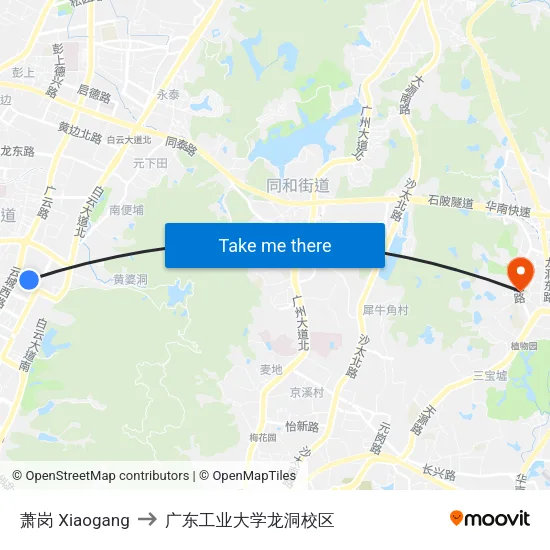 萧岗 Xiaogang to 广东工业大学龙洞校区 map