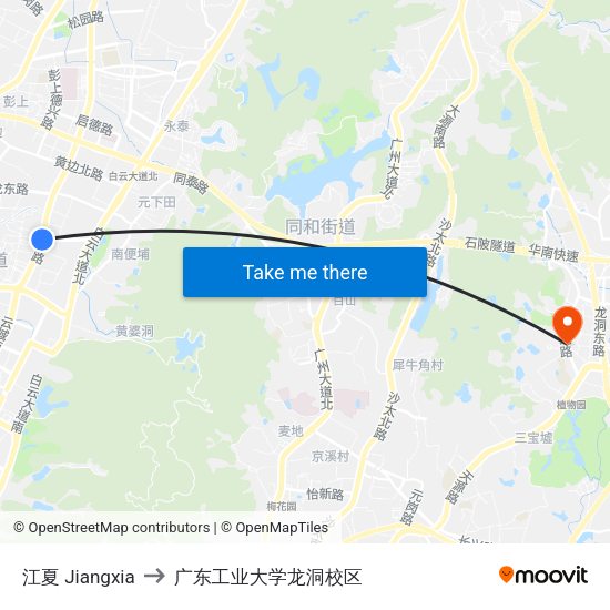 江夏 Jiangxia to 广东工业大学龙洞校区 map