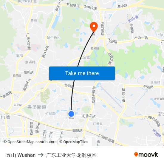 五山 Wushan to 广东工业大学龙洞校区 map