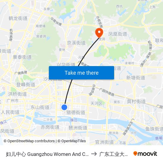 妇儿中心 Guangzhou Women And Children's Medical Center to 广东工业大学龙洞校区 map