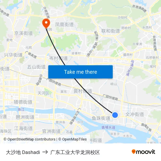大沙地 Dashadi to 广东工业大学龙洞校区 map