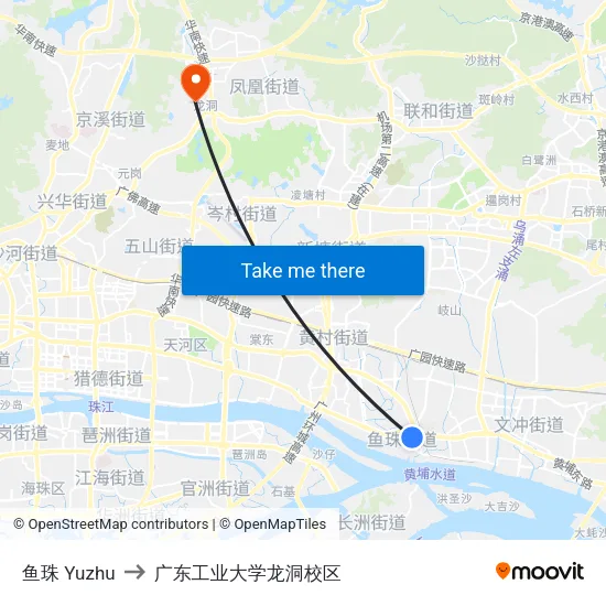 鱼珠 Yuzhu to 广东工业大学龙洞校区 map