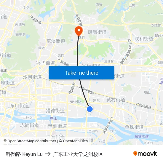 科韵路 Keyun Lu to 广东工业大学龙洞校区 map