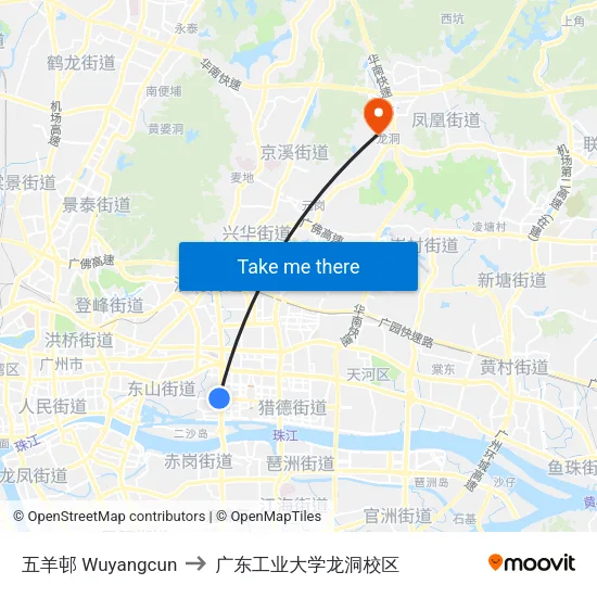 五羊邨 Wuyangcun to 广东工业大学龙洞校区 map