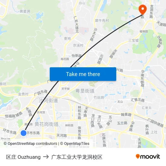 区庄 Ouzhuang to 广东工业大学龙洞校区 map