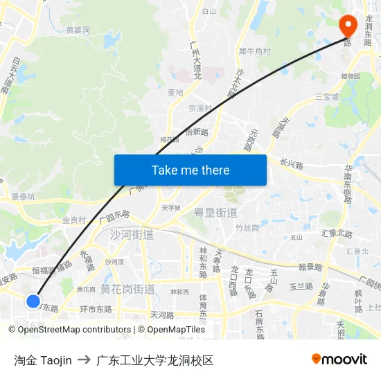 淘金 Taojin to 广东工业大学龙洞校区 map