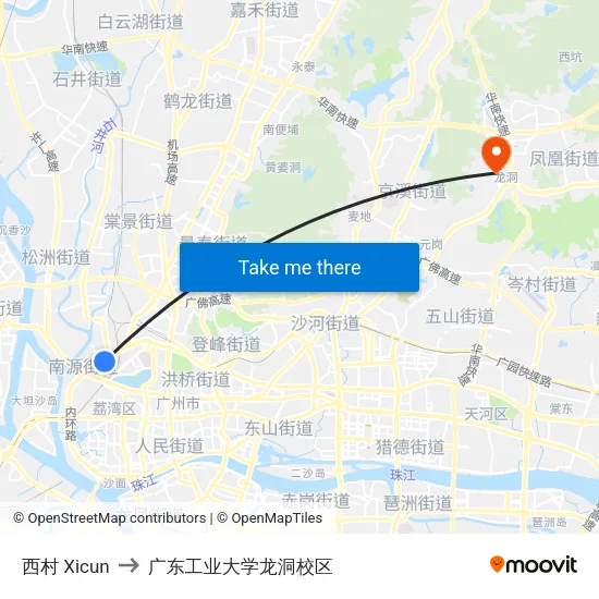 西村 Xicun to 广东工业大学龙洞校区 map