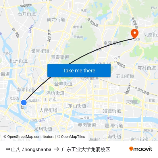 中山八 Zhongshanba to 广东工业大学龙洞校区 map