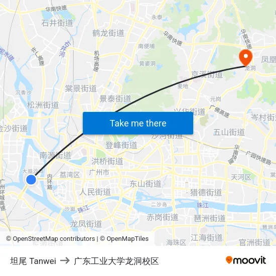 坦尾 Tanwei to 广东工业大学龙洞校区 map